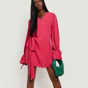 Boohoo Volume Sleeve Wrap Mini Dress in Pink New w/ Tags Size 12 Long Sleeve